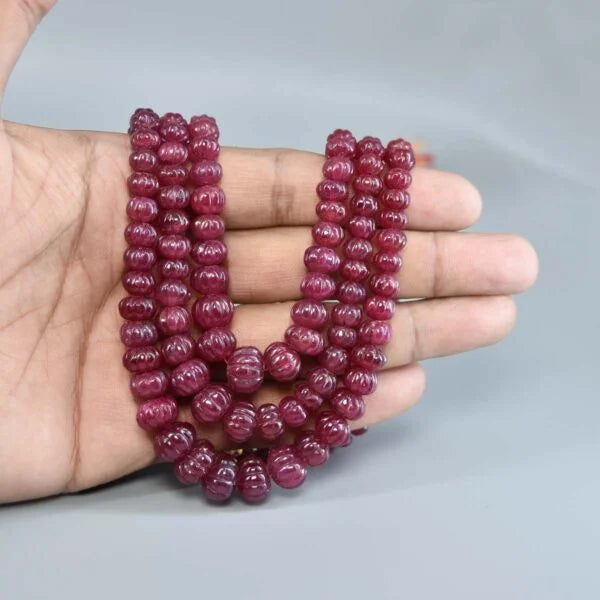 Pink Ruby Inspired Melon-Shaped Onyx Glass Stone Beaded Necklace (3-Layer Mala) & Statement Necklace Bollywood Inspired Celebrity Wear Necklace Mala