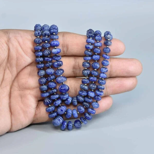 Lapis Lazuli Inspired Indian Glass Stone Beaded Necklace (3-Layer Mala, Free Size)