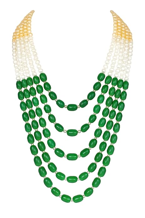 Premium Quality Jewelry | White, Golden & Green Multi-Layer | Pearl Beaded Mala |