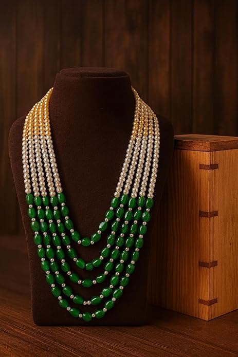 Premium Quality Jewelry | White, Golden & Green Multi-Layer | Pearl Beaded Mala |