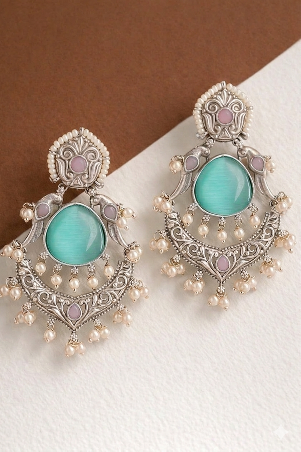 Silver Plated | Monalisa Glass Stone | Dangler Earrings | Brass|