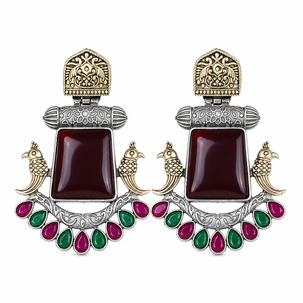 Premium Quality | Monalisa Stone | Oxidised Earrings | Red Color |