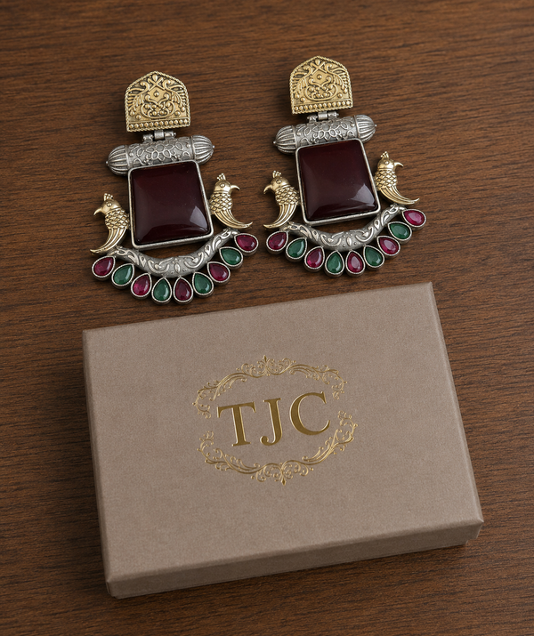 Premium Quality | Monalisa Stone | Oxidised Earrings | Red Color |