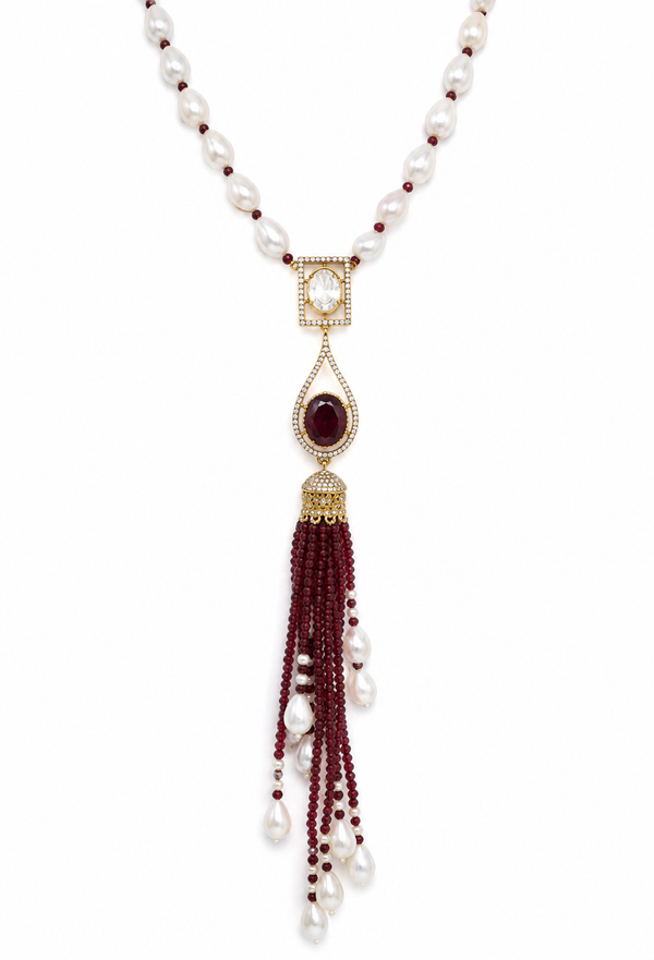 Premium Quality | Monalisa Stone | Pearl Drop Necklace | Red Color |