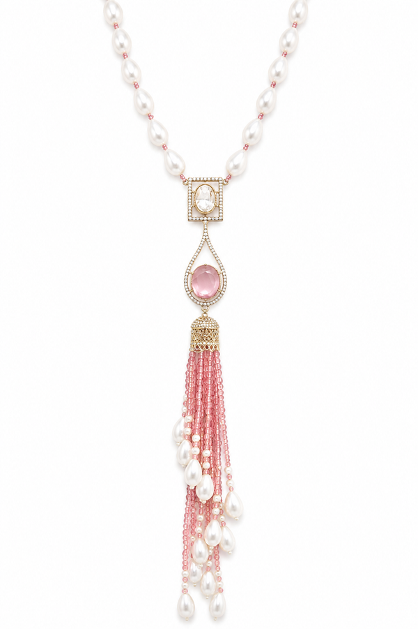 Premium Quality | Monalisa Stone | Pearl Drop Necklace | Pink Color |