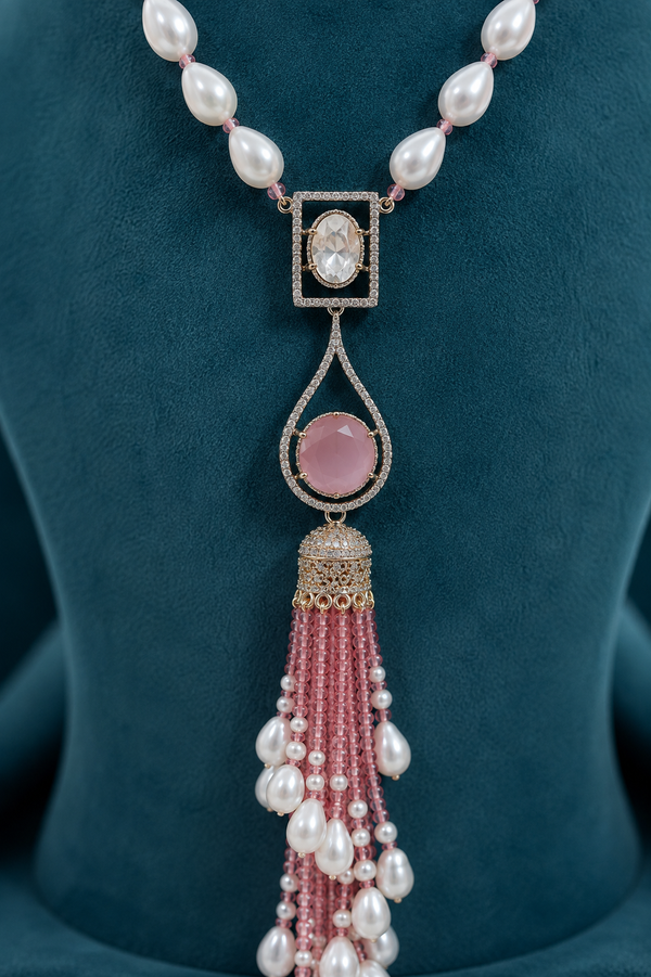 Premium Quality | Monalisa Stone | Pearl Drop Necklace | Pink Color |