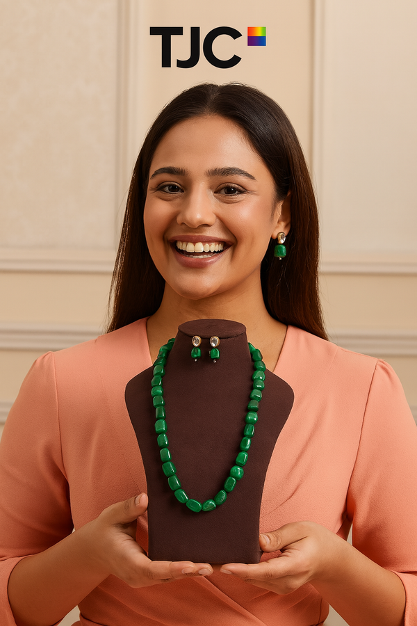Green Emerald Doublet Tumble Mala Necklace – 24–26 Inch Statement Necklace