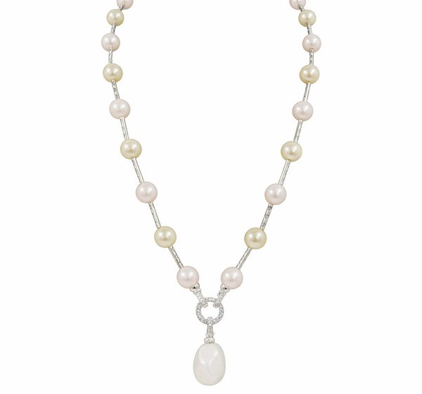Mother of Pearl Brass Beaded Necklace/ Mala With American Diamond Accent & Statement Piece