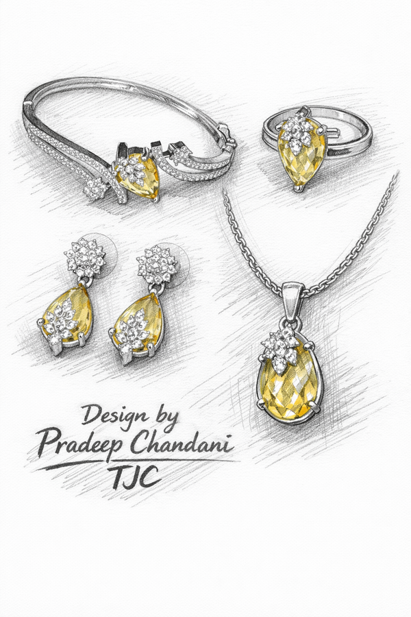Yellow Sapphire Inspired Faceted Glass ComboJewelry Set With American Diamond Accents | Premium Quality Earrings ,Ring , Kada And Chain Pendant