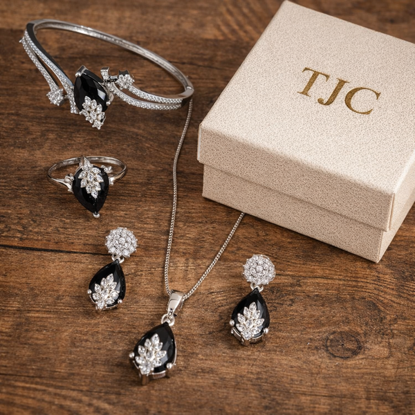 Black Onyx Inspired Faceted Glass ComboJewelry Set With American Diamond Accents | Premium Quality Earrings ,Ring , Kada And Chain Pendant