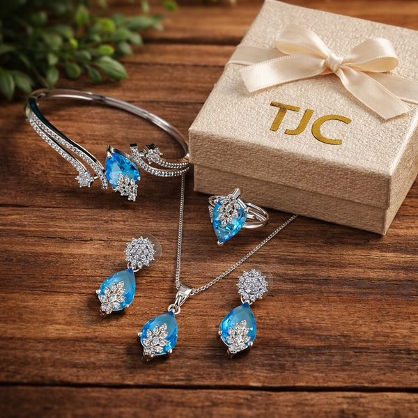 Swiss Blue Topaz Inspired Faceted Glass ComboJewelry Set With American Diamond Accents | Premium Quality Earrings ,Ring , Kada And Chain Pendant