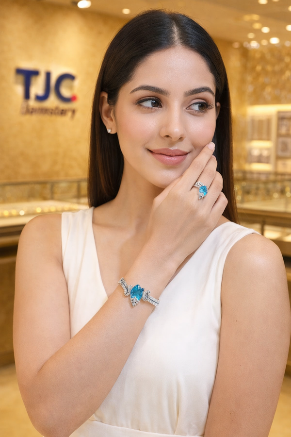 Swiss Blue Topaz Inspired Faceted Glass ComboJewelry Set With American Diamond Accents | Premium Quality Earrings ,Ring , Kada And Chain Pendant