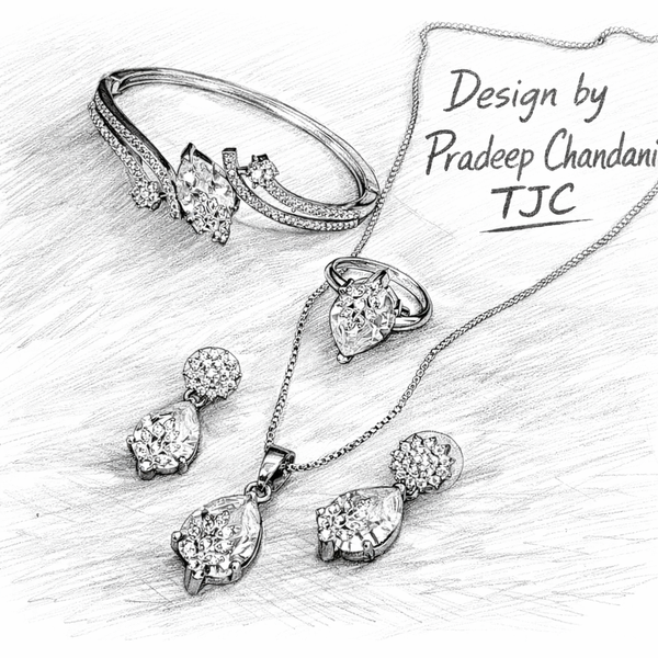 White Zircon Faceted Glass ComboJewelry Set With American Diamond Accents | Premium Quality Earrings ,Ring , Kada And Chain Pendant