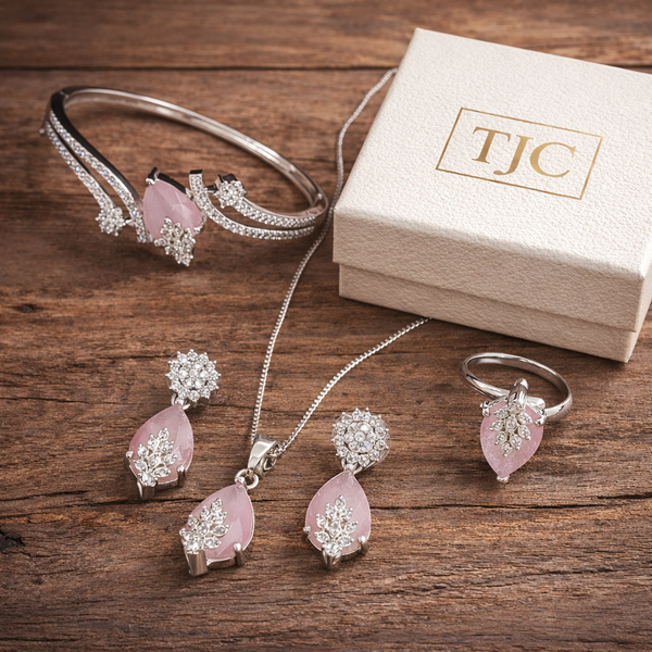 Pink Sapphire InspiredFaceted Glass ComboJewelry Set With American Diamond Accents | Premium Quality Earrings ,Ring , Kada And Chain Pendant