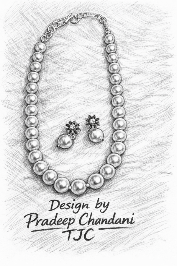 Glass Pearl Off White Color Round Shape Beaded Necklace / MalaWith Brass Metal