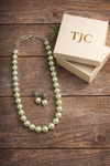 Glass Pearl Mint Color Round Shape Beaded Necklace / MalaWith Brass Metal