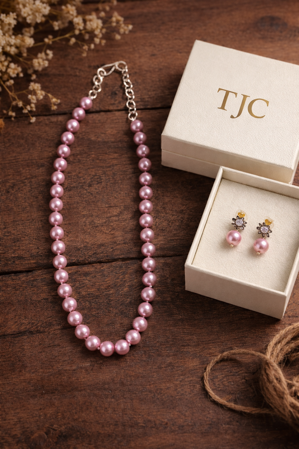 Glass Pearl Soft Rose Pink Color Round Shape Beaded Necklace / MalaWith Brass Metal