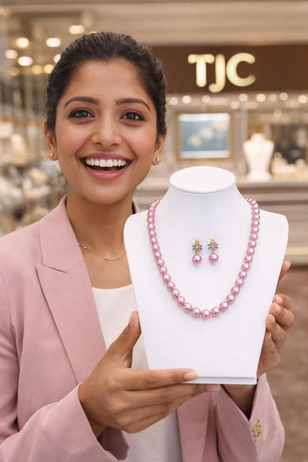 Glass Pearl Soft Rose Pink Color Round Shape Beaded Necklace / MalaWith Brass Metal