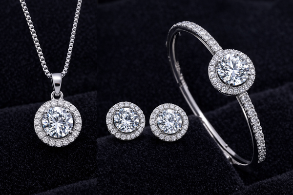 American Diamond Based Silver Inspired - Combo Jewelry Set – Pendant Locket, Earrings, Rings & Bracelet