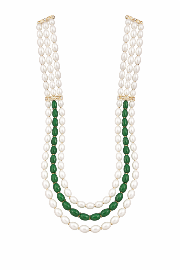 Green Emerald–Inspired Synthetic Pearl Premium Quality Designer Necklace (3-Layer Mala)