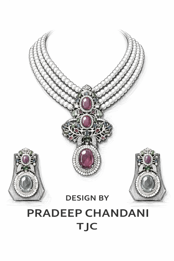 Ruby Inspired Multi-Color Sapphire Glass Brass Pearl Necklace Set – Antique Gold Finish & Sparkle , Elegant Necklace