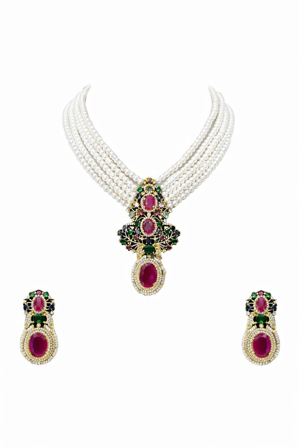 Ruby Inspired Multi-Color Sapphire Glass Brass Pearl Necklace Set – Antique Gold Finish & Sparkle , Elegant Necklace