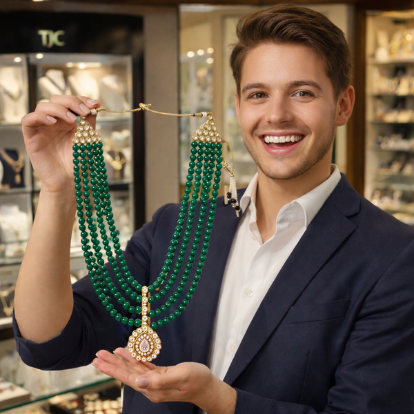 Green Aventurine Glass Premium Quality Groom Beaded Necklace (5 Layer Mala) & Statement Designer & Elegant Beaded Necklace