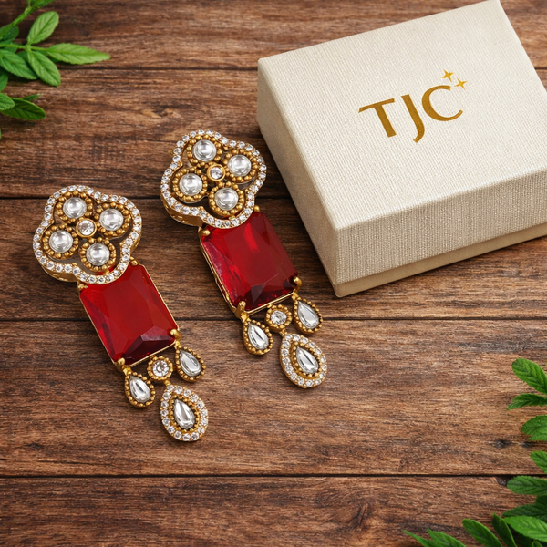 Traditional Long Tops Earrings in Ruby Red with Premium Quality & 14K Antique Gold Plated Earrings