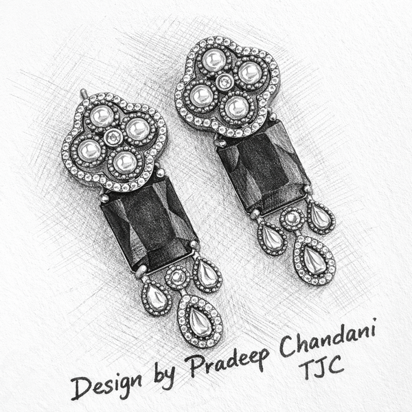 Traditional Long Tops Earrings in Black Onyx with Premium Quality & 14K Antique Gold Plated Earrings