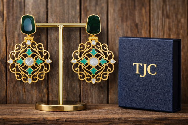 Traditional Green Onyx Dangler Partywear Premium Quality Earrings in Gold Plated