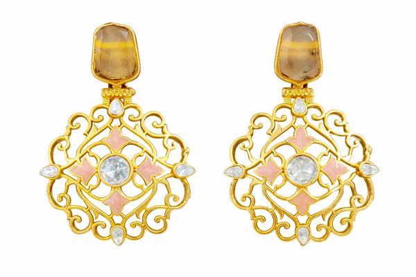 Traditional Yellow Sapphire Dangler Partywear Premium Quality Earrings in Gold Plated