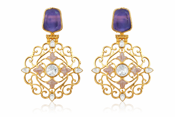 Traditional Purple Quartz Dangler Partywear Premium Quality Earrings in Gold Plated