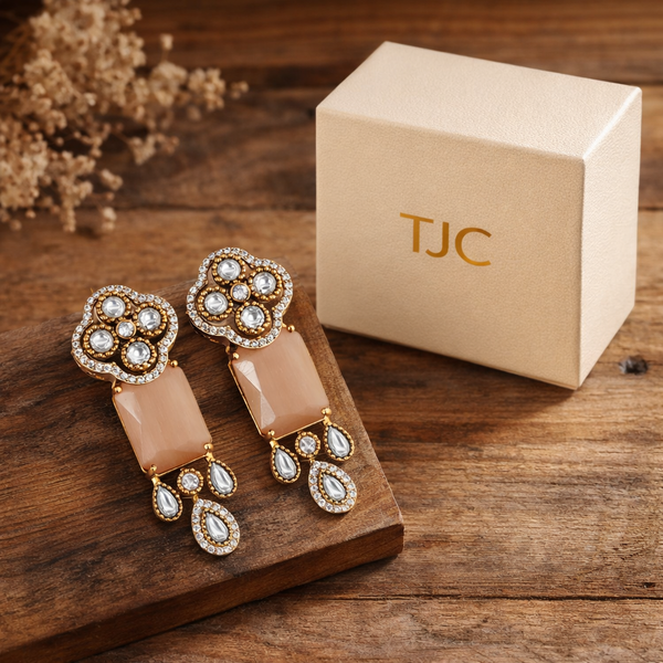 Traditional Long Tops Earrings in Peach Aventurine with Premium Quality & 14K Antique Gold Plated Earrings