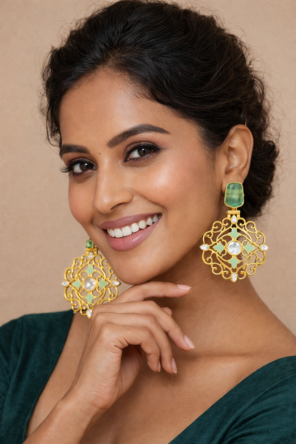 Traditional Peacock Green Dangler Partywear Premium Quality Earrings in Gold Plated