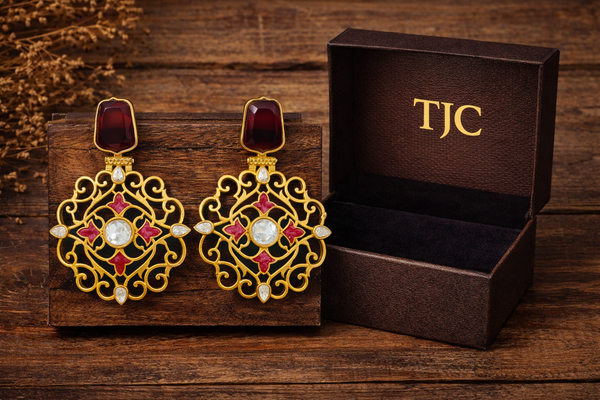 Traditional Ruby Red Dangler Partywear Premium Quality Earrings in Gold Plated