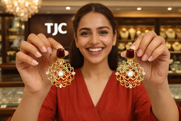 Traditional Ruby Red Dangler Partywear Premium Quality Earrings in Gold Plated