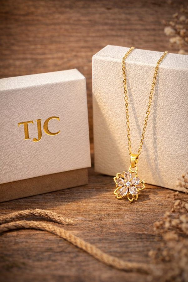 Anti -Tarnish Golden Blossom Sparkle Round Shape Premium Chain Pendant With Gold Plated