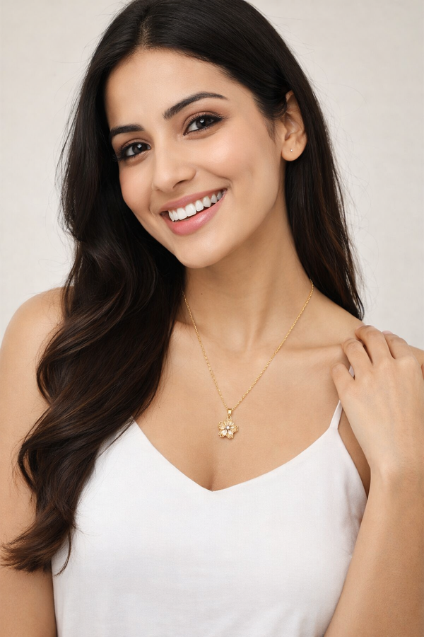 Anti -Tarnish Golden Blossom Sparkle Round Shape Premium Chain Pendant With Gold Plated