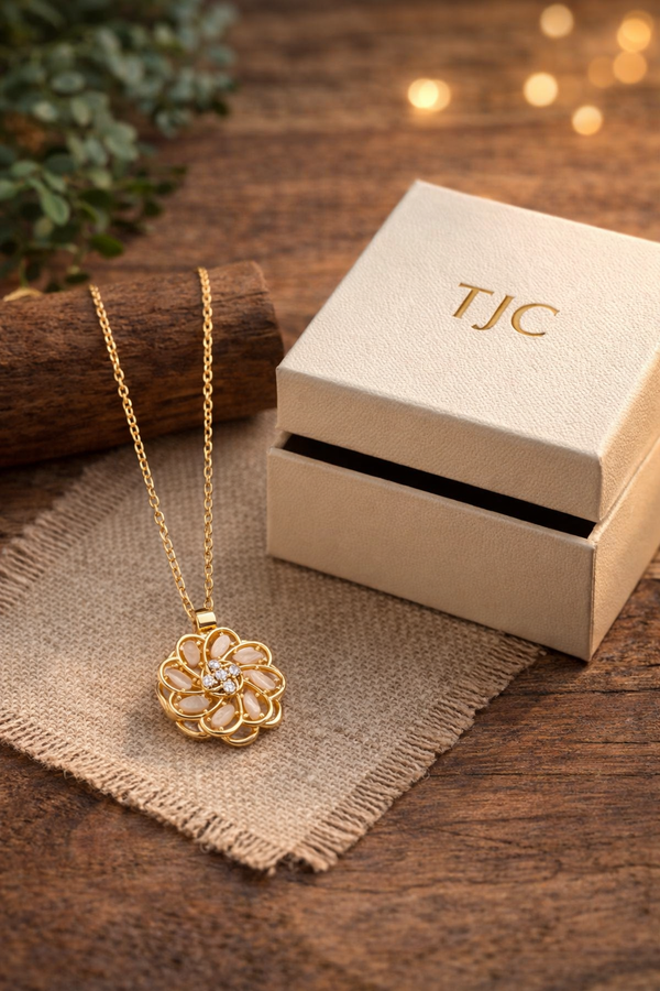 Anti- Tarnish Round Shape Golden Peach Bloom Premium Chain Pendant in Peach Pink & Glass Stone with Gold Plated