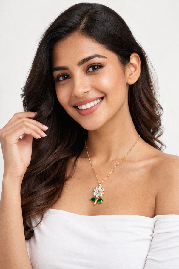 Premium Anti-Tarnish AD Chain Pendant Locket Set inFlower Shape With White & Green Sparkle