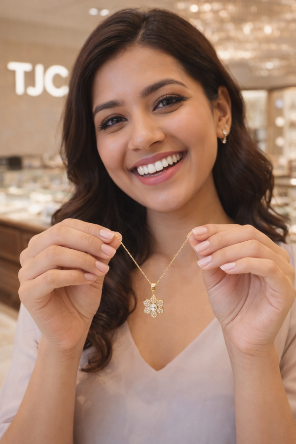 Anti - Tarnish Gold Plated Lotus Flower Star Shape Premium Chain Pendant with Cubic Zirconia Stones