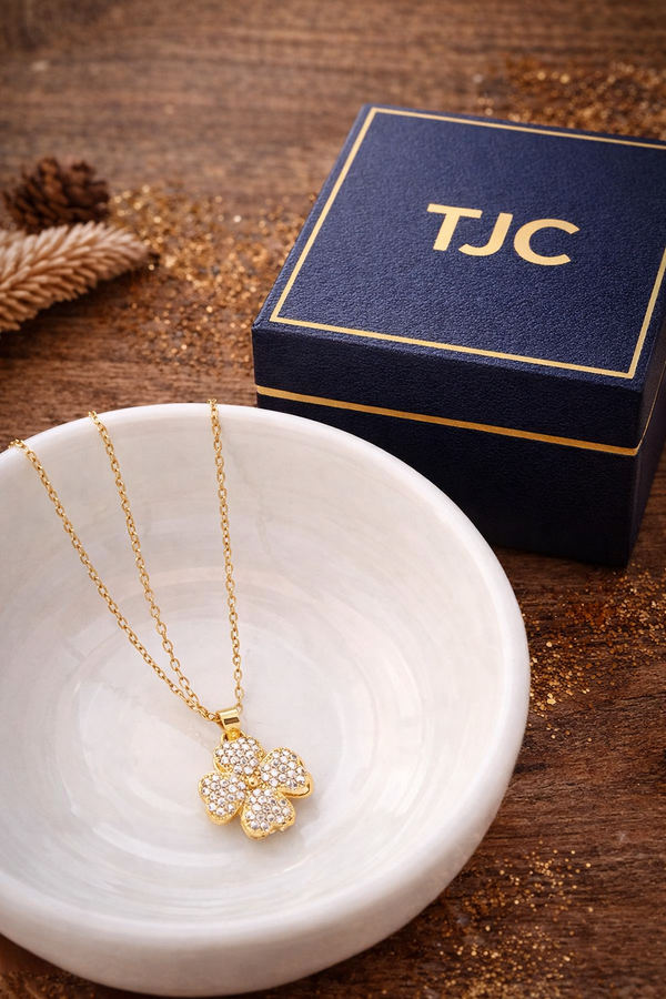 Anti - Tarnish FloralClover Shape PremiumChain Pendant with CZ Accents & Royal Anti- Tarnish Jewelry