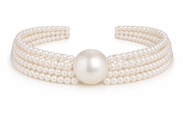 Elegant 3 Layer Pearl Choker Necklace with Statement Center Pearl