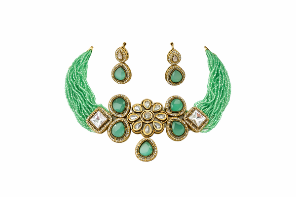 Green Onyx Inspired Glass Beads Indian Monalisa Beaded Choker Necklace (7 - Layer Mala) & Bollywood Celebrity Wear Premium , DesignerChoker Necklace