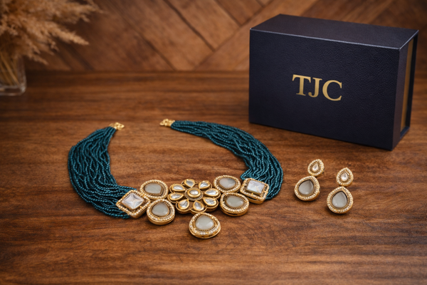 Traditional Rama Green Glass Beads Indian Monalisa Beaded Choker Necklace (7 - Layer Mala) & Bollywood Celebrity Wear Premium Choker Necklace