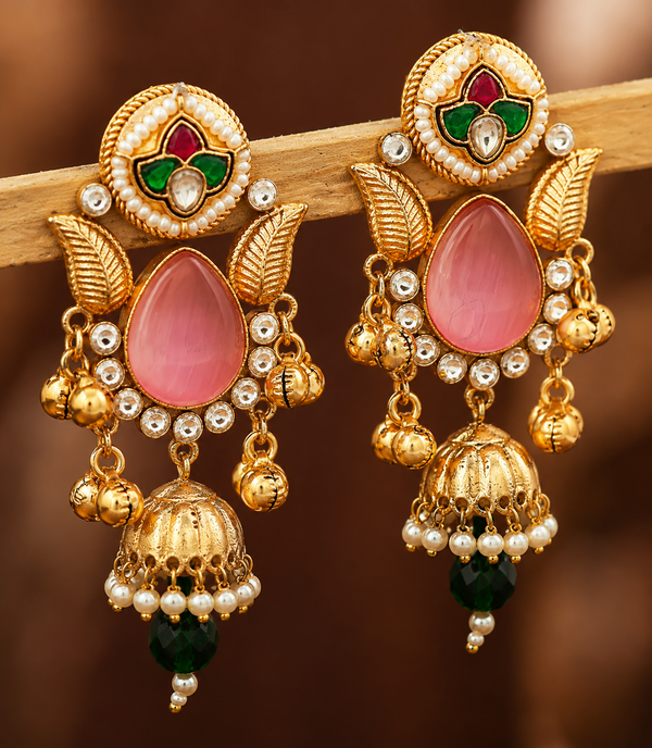 Premium Quality | Artificial Stone | Jhumki Earrings | Pink Color |