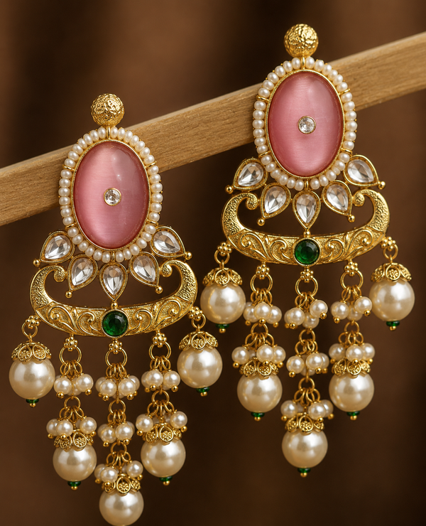 Premium Quality | Dangler Earrings| Artificial Stone | Pink Color |