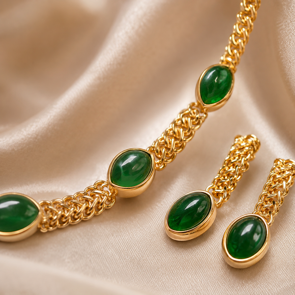 Premium Quality | Monalisa Stone | Chain Choker Set | Green Color|