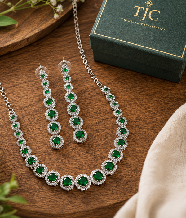 Premium Quality | AD Solitaire Choker Set | Dangler Earrings | Green Color |