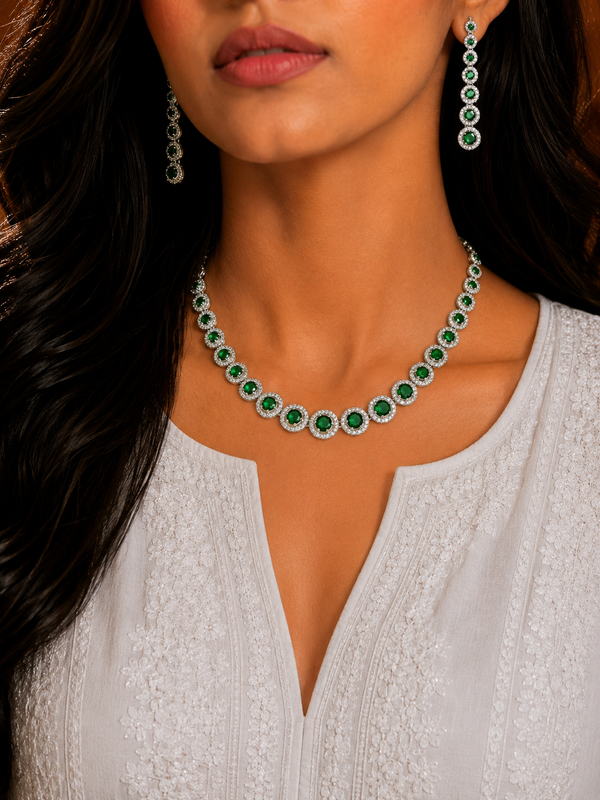 Premium Quality | AD Solitaire Choker Set | Dangler Earrings | Green Color |